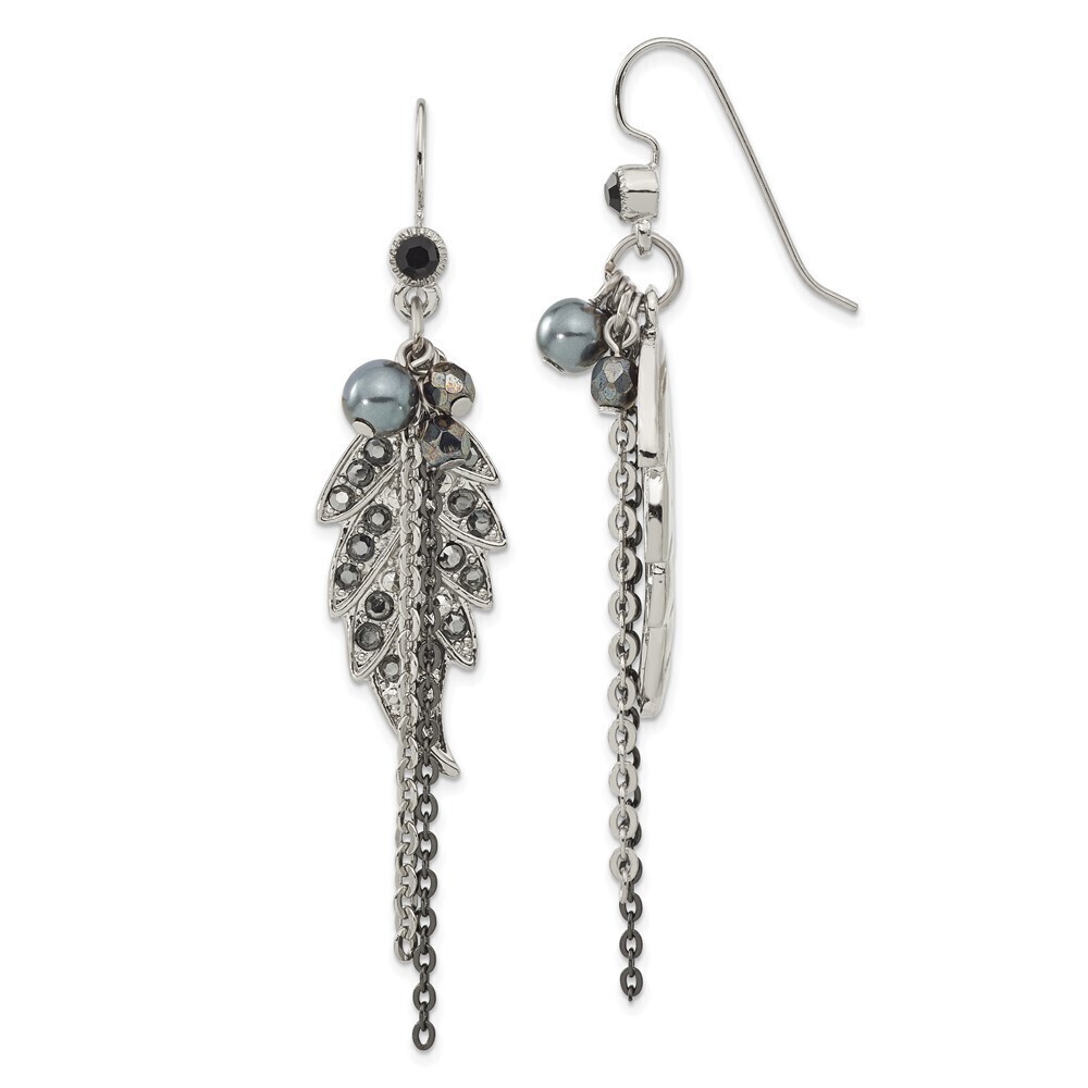 1928 & Leaf Pattern Jet Black & Hematite Crystal & Glass Beads Dangle Earrings